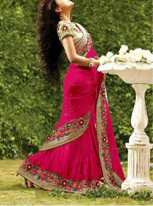 PINK Fashion Women's Georgette Saree With Blouse Piece