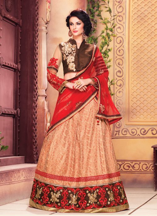 Women's Art Silk Fabric and Beige Pretty Unstitched Lehenga Choli by Brthika