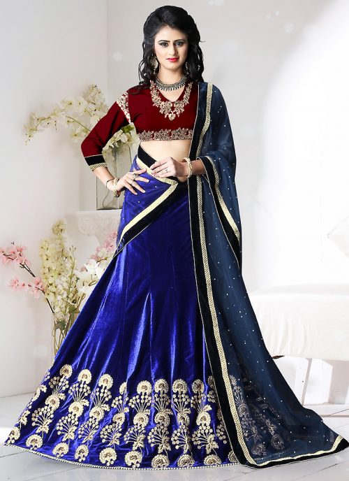 Women's Velvet Fabric and Blue Pretty Circular Lehenga Style by Brthika