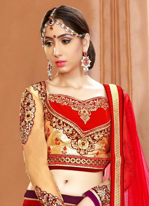 Women's Silk Fabric and Red Pretty Circular Lehenga Style With Lace Work Dupatta by Brthika