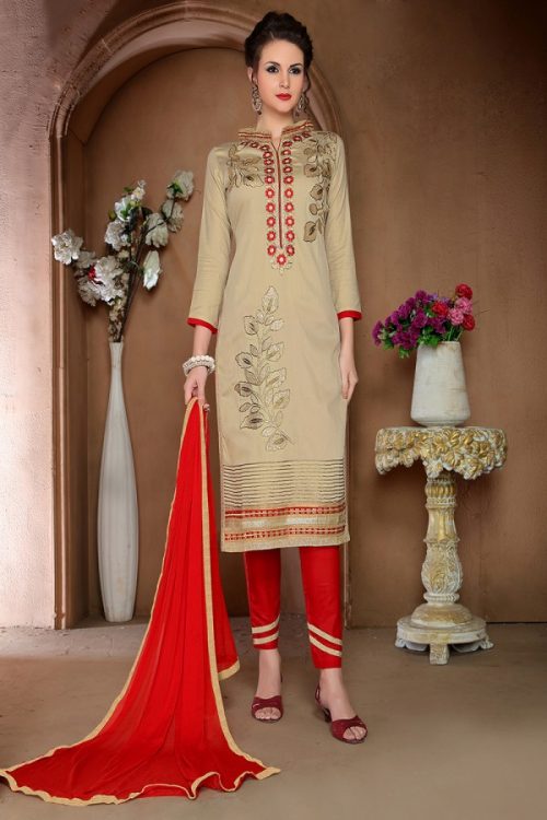 Embroidered Cotton Beige Dress Material