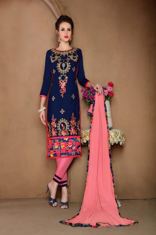 Embroidered Cotton Blue Dress Material