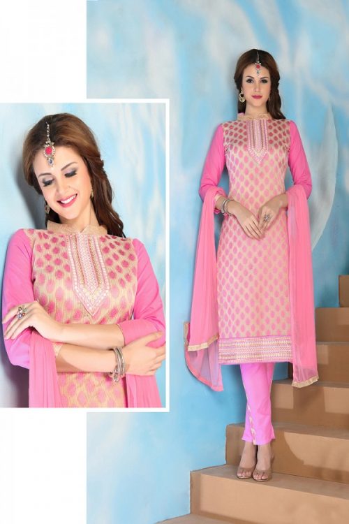 Embroidered Cotton Pink Dress Material