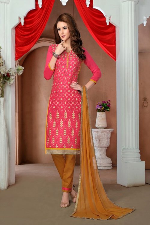 Embroidered Cotton Pink Dress Material