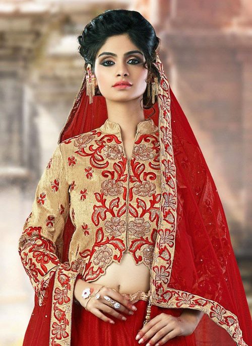 Women's Net Fabric and Red Pretty Unstitched Lehenga Choli With Lace Work Dupatta by Brthika