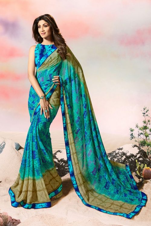 Ethnic Wear Sea Blue Color Georgette Lace Border Saree with Blouse