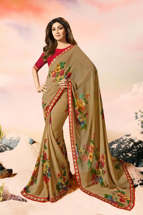 Ethnic Wear Coffee Color Georgette Lace Border Saree with Blouse