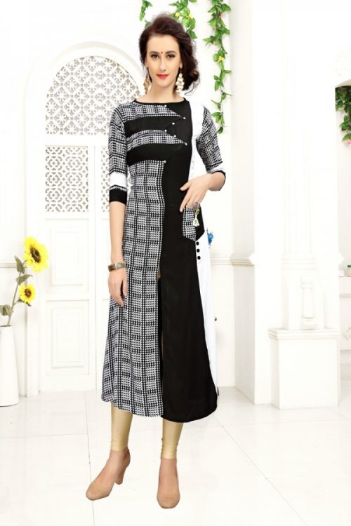 Rayon Black & White Kurti Print with Fancy Botton Available only in 38(M),40(L),42(XL)