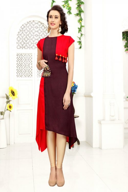Rayon Red & Maroon Kurti Print with Fancy Botton Available only in 38(M),40(L),42(XL)