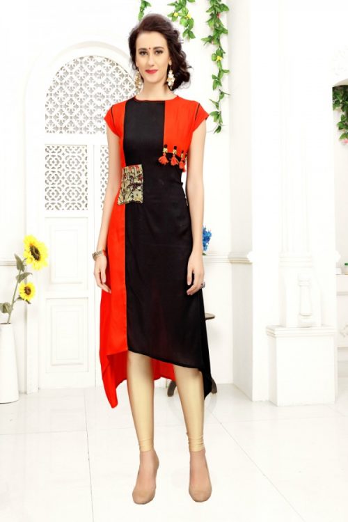Rayon Black & Orange Kurti Print with Fancy Botton Available only in 38(M),40(L),42(XL)