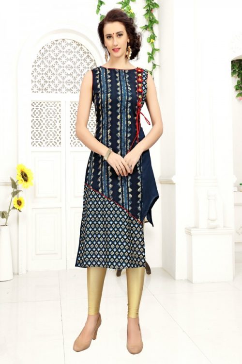 Rayon Navy Blue Kurti Print with Fancy Botton Available only in 36(S),38(M),40(L)