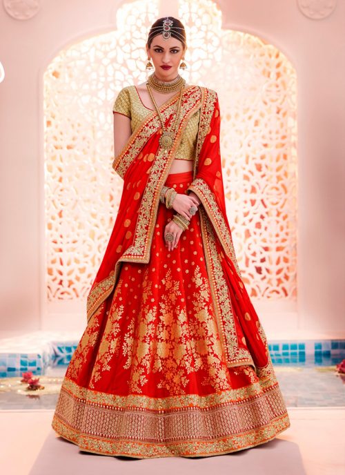 Women's Brocade Fabric and Red Pretty Circular Lehenga Style by Brthika
