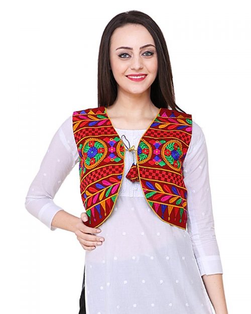 Short Ethnic Cotton Jacket Embroidery on Maroon Cloth