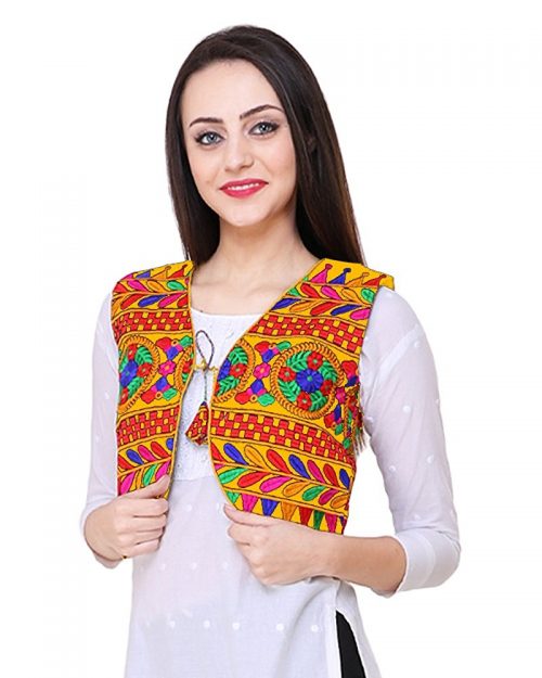 Short Ethnic Cotton Jacket Embroidery on Yellow Cloth