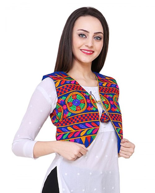 Short Ethnic Cotton Jacket Embroidery on Blue