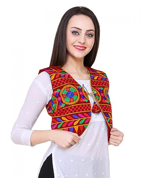 Short Ethnic Cotton Jacket Embroidery on Maroon Cloth