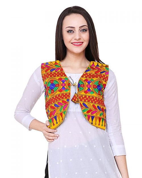 Short Ethnic Cotton Jacket Embroidery on Yellow Cloth