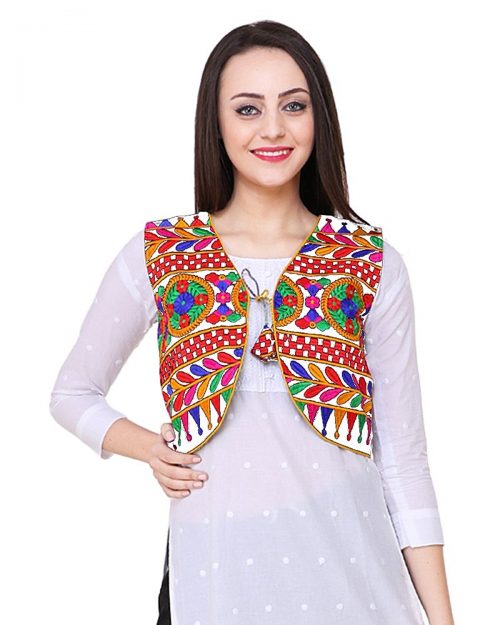 Short Ethnic Cotton Jacket Embroidery on White