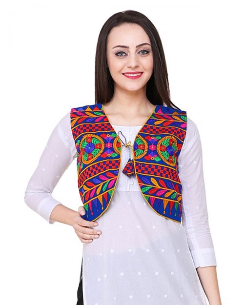 Short Ethnic Cotton Jacket Embroidery on Blue