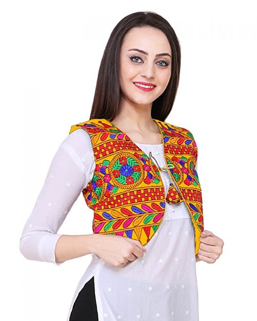 Short Ethnic Cotton Jacket Embroidery on Yellow Cloth