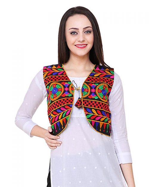 Short Ethnic Cotton Jacket Embroidery on Black