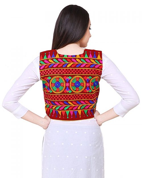 Short Ethnic Cotton Jacket Embroidery on Maroon Cloth