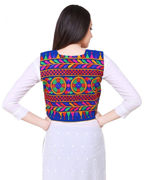 Short Ethnic Cotton Jacket Embroidery on Blue