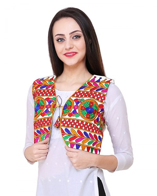 Short Ethnic Cotton Jacket Embroidery on White