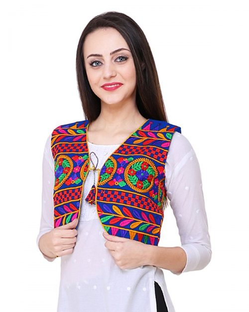 Short Ethnic Cotton Jacket Embroidery on Blue