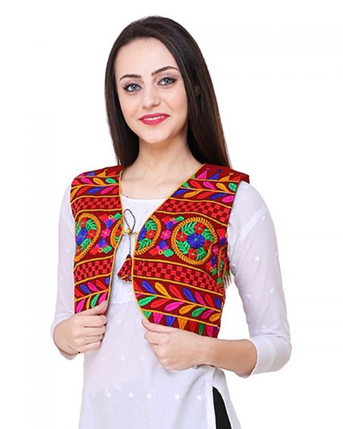 Short Ethnic Cotton Jacket Embroidery on Maroon Cloth
