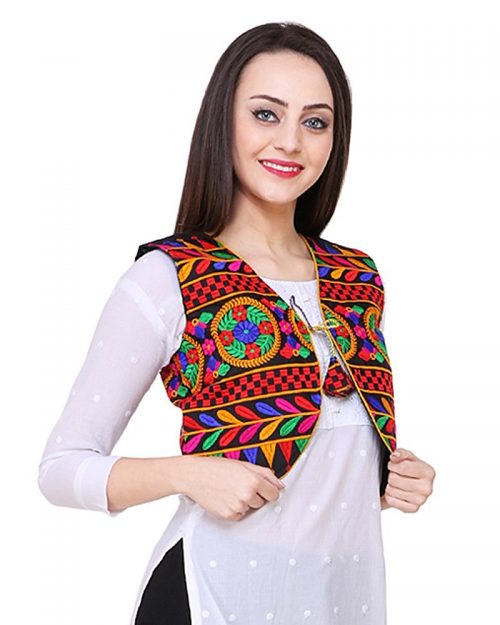 Short Ethnic Cotton Jacket Embroidery on Black