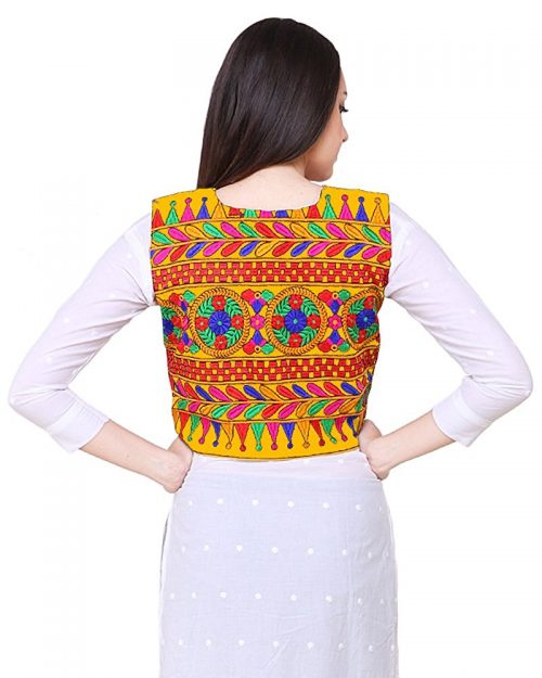 Short Ethnic Cotton Jacket Embroidery on Yellow Cloth