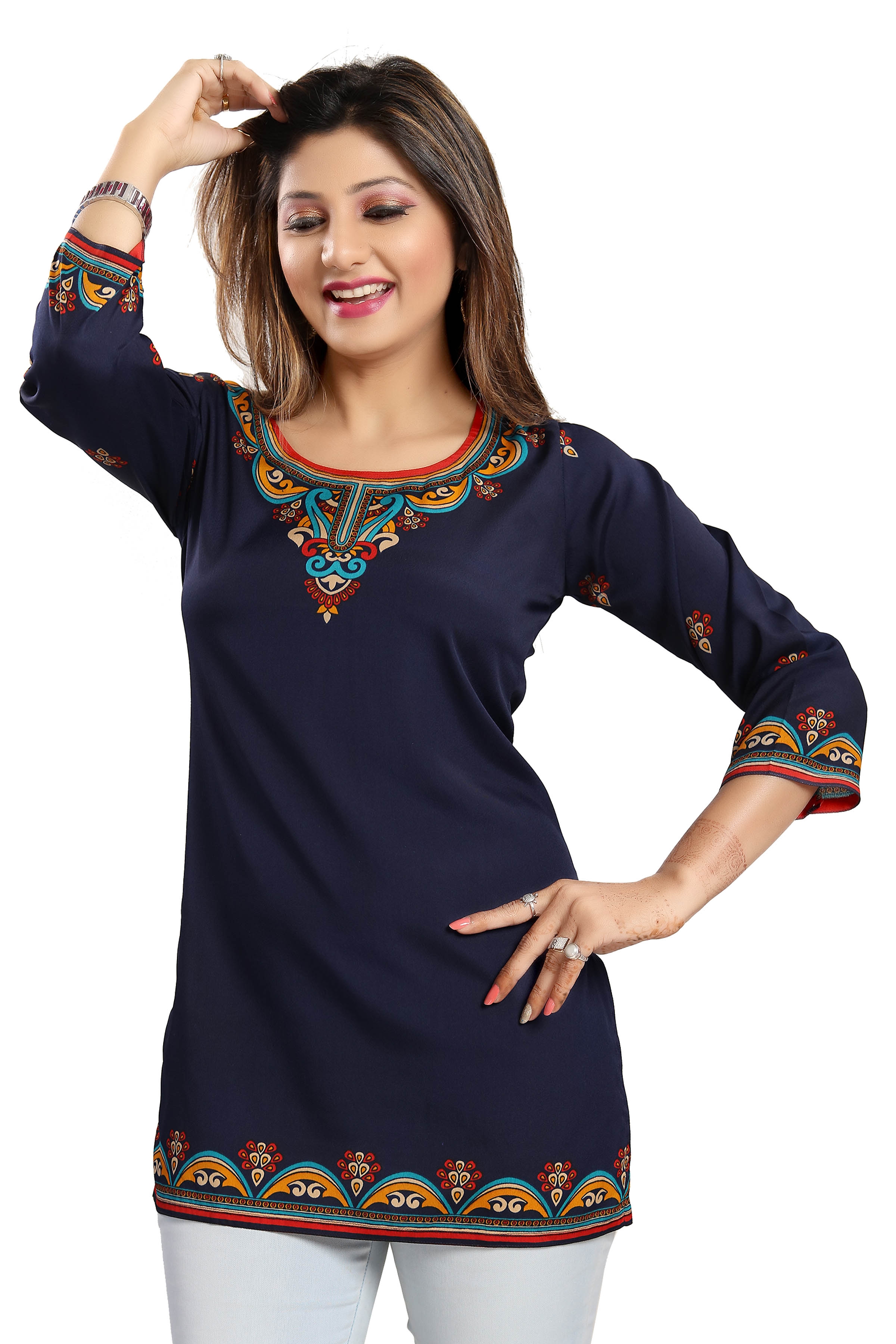 Attractive Blue Printed Faux Crepe Womens Short Kurti Tunic » BRITHIKA ...