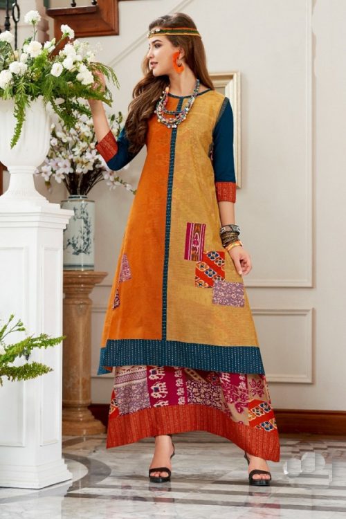 Cotton Multi Color Kurti Print with Fancy Botton and Pompom