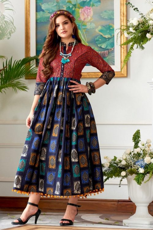 Cotton Multi Color Kurti Print with Fancy Botton and Pompom