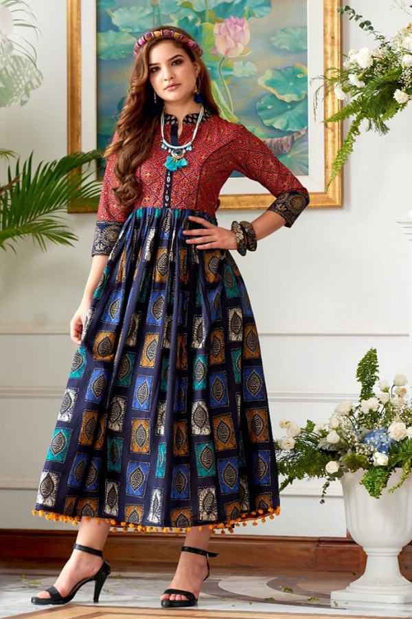 RE - Elegant black and multi color rayon print stitched kurti - Pack of 2 -  Indian