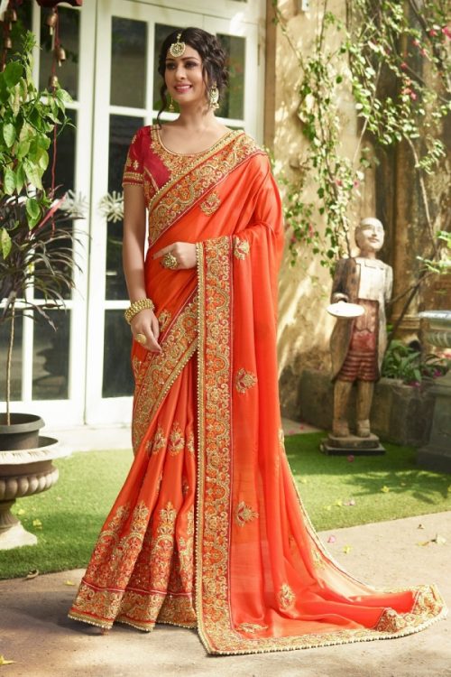 Silk Orange Saree Heavy Embroidery Zari Thread & Coding Work with Embroidery Blouse