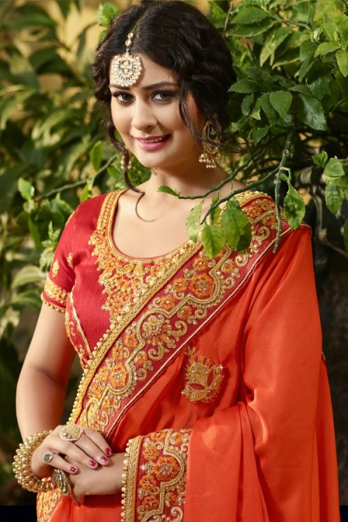 Silk Orange Saree Heavy Embroidery Zari Thread & Coding Work with Embroidery Blouse