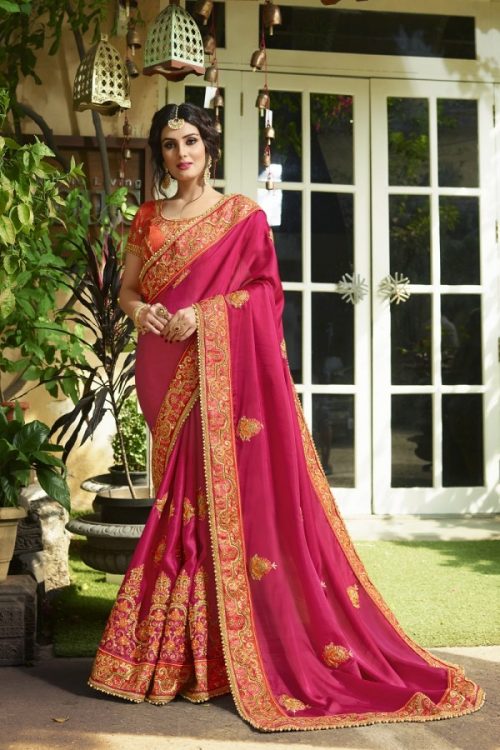 Silk Rani Pink Saree Heavy Embroidery Zari Thread & Coding Work with Embroidery Blouse