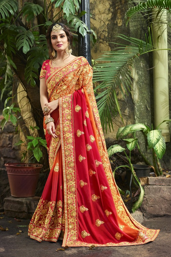 Silk Redandorange Saree Heavy Embroidery Zari Thread And Coding Work With Embroidery Blouse