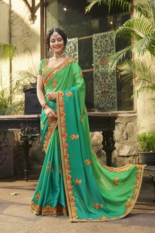Silk Parrot Green Saree Heavy Embroidery Zari Thread & Coding Work with Embroidery Blouse