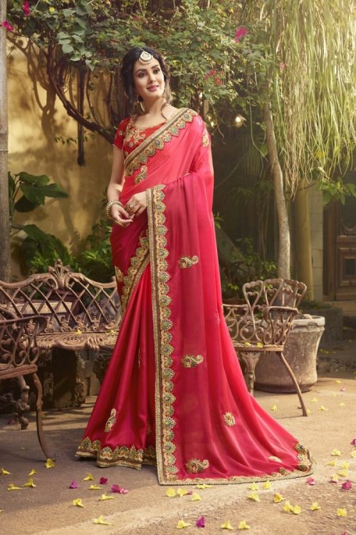 Silk Pink Saree Heavy Embroidery Zari Thread & Coding Work with Embroidery Blouse