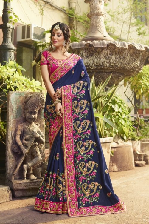 Silk Blue Saree Heavy Embroidery Zari Thread & Coding Work with Embroidery Blouse