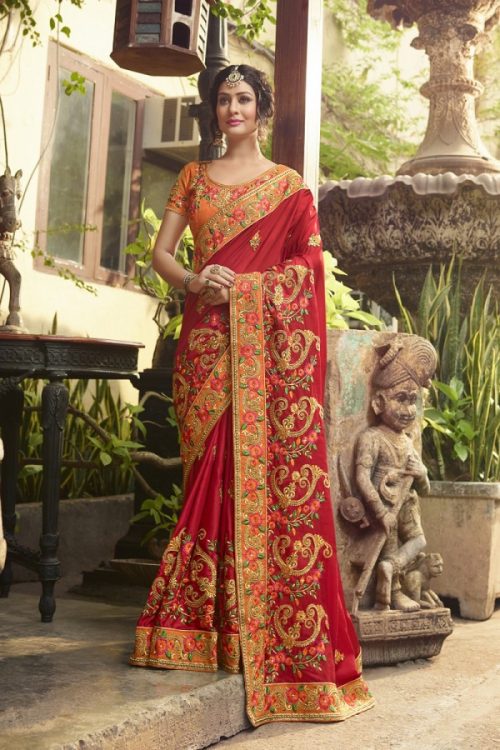 Silk Red Saree Heavy Embroidery Zari Thread & Coding Work with Embroidery Blouse