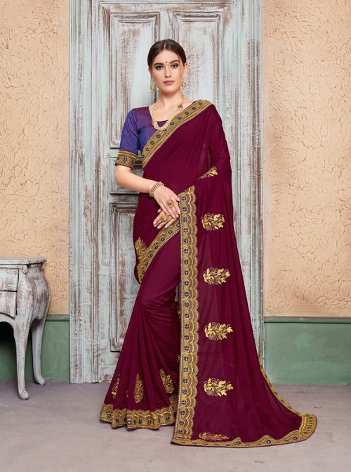 Maroon Vichitra Silk Heavy Embroidered Zari Butta Work