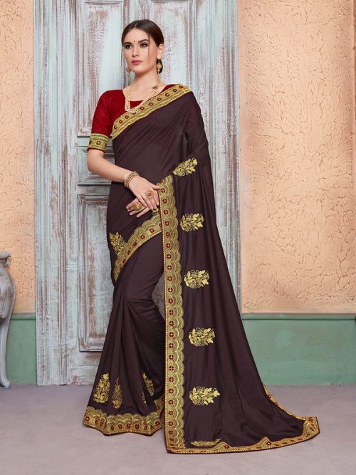 Dark Brown Vichitra Silk Heavy Embroidered Zari Butta Work