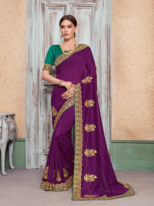 Purple Vichitra Silk Heavy Embroidered Zari Butta Work