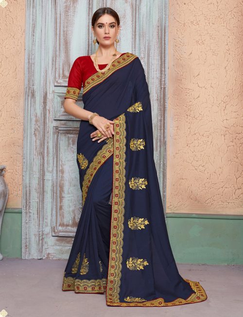 Navy Blue Vichitra Silk Heavy Embroidered Zari Butta Work