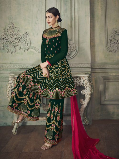 Georgette Dark Green Heavy Thread and Zari Work with Diamond Work Salwar Kameez