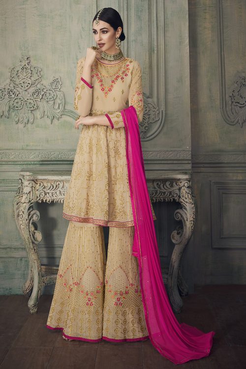 Georgette Beige Heavy Thread and Zari Work with Diamond Work Salwar Kameez